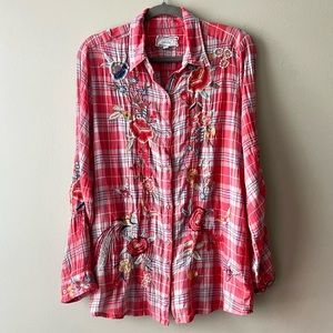 Johnny Was Red Plaid Butterly Floral Embroidery Long Sleeve
